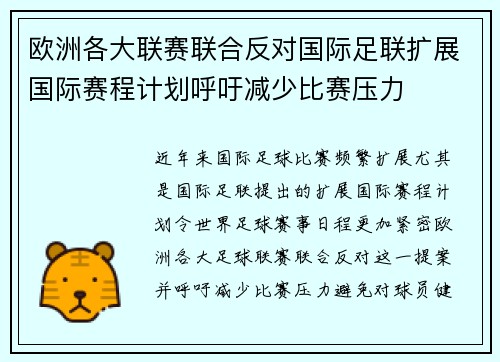 欧洲各大联赛联合反对国际足联扩展国际赛程计划呼吁减少比赛压力 欧洲各大联赛联合反对国际足联扩展国际赛程计划呼吁减少比赛压力